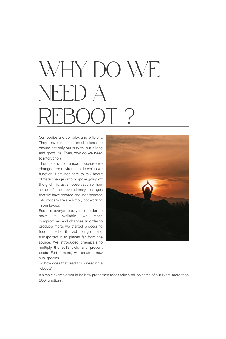 Book excerpt titled Why do we need a reboot?, with a photograph of a person stretching at sunset.